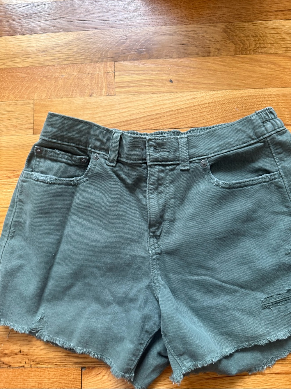 Arie Olive Green Distressed Jean Shorts